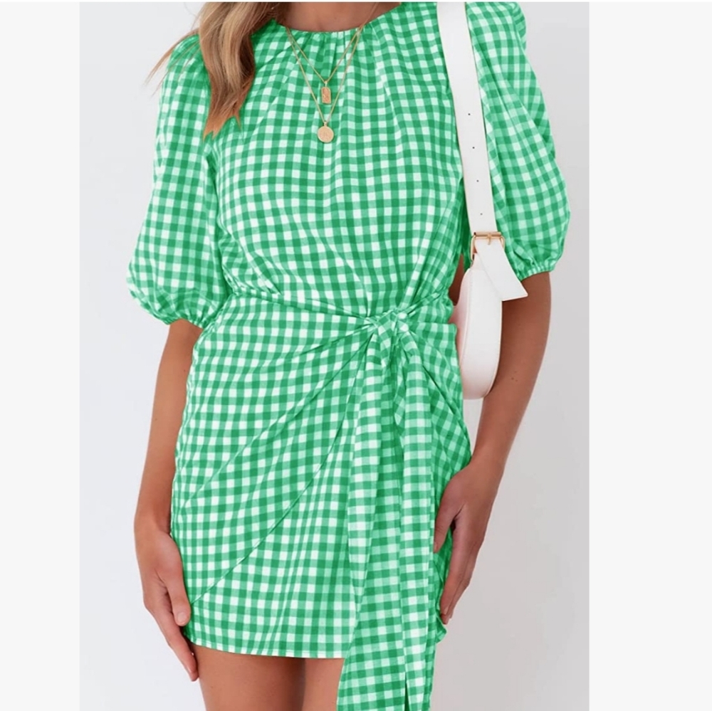 COPY - Womens Casual Plaid Crewneck Lantern Sleeve Wrap Tie Waist Party Short M… - Picture 4 of 14